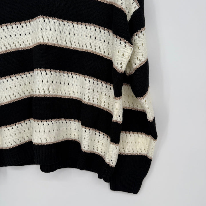 Striped Open Knit Sweater V Neck Black Cream Lightweight Size L