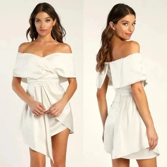 Lulus Always Celebrating Ivory Satin Off-The-Shoulder Mini Dress Size M