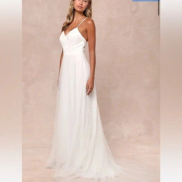 Lulus Love Perfection White Lace Tule Pearl Beaded Maxi Dress Size M