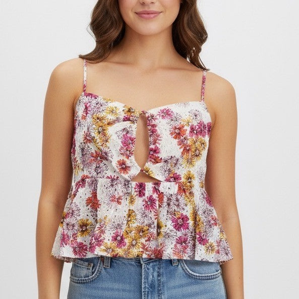 Waverly Eyelet Floral Cami Top Peplum Cutout Magenta Daisies XL