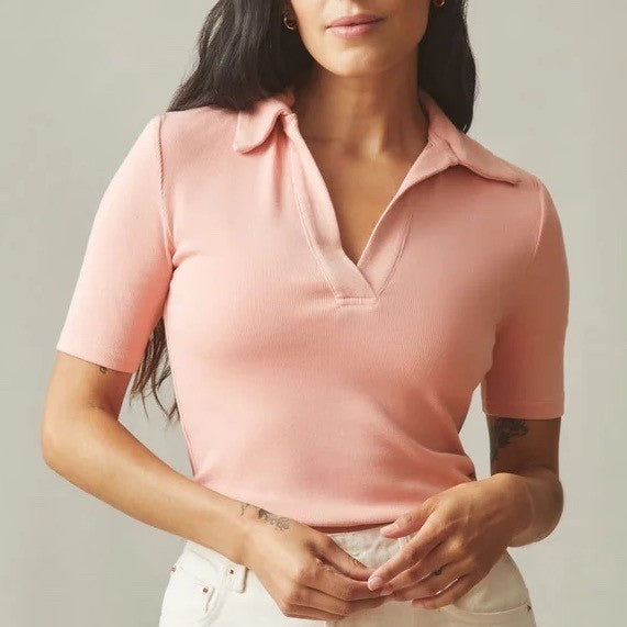 American Giant Coral Ribbed Polo Shirt Short Sleeve Collared Top Size L