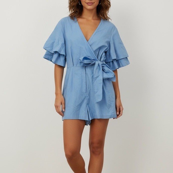 Blue Ruffle Sleeve Wrap Romper Jumpsuit Topshop Size 4