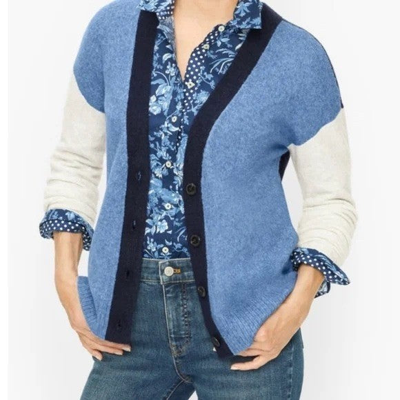Talbots Color Block Cardigan Sweater Large Blue Gray Black Button Front Knit