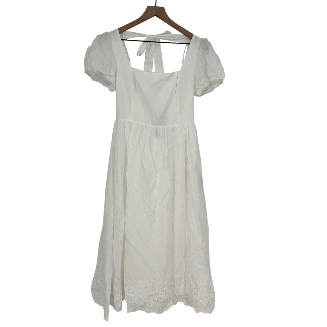 Lulus Stylish Merriment White Puff Sleeve Embroidered Midi Dress Size M