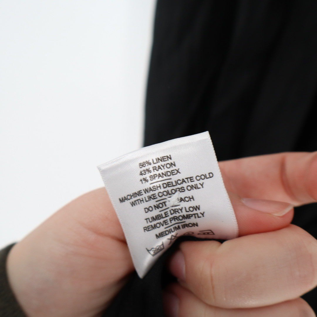 American Giant Black Linen Blend Button Front Belted Shirt Dress XS