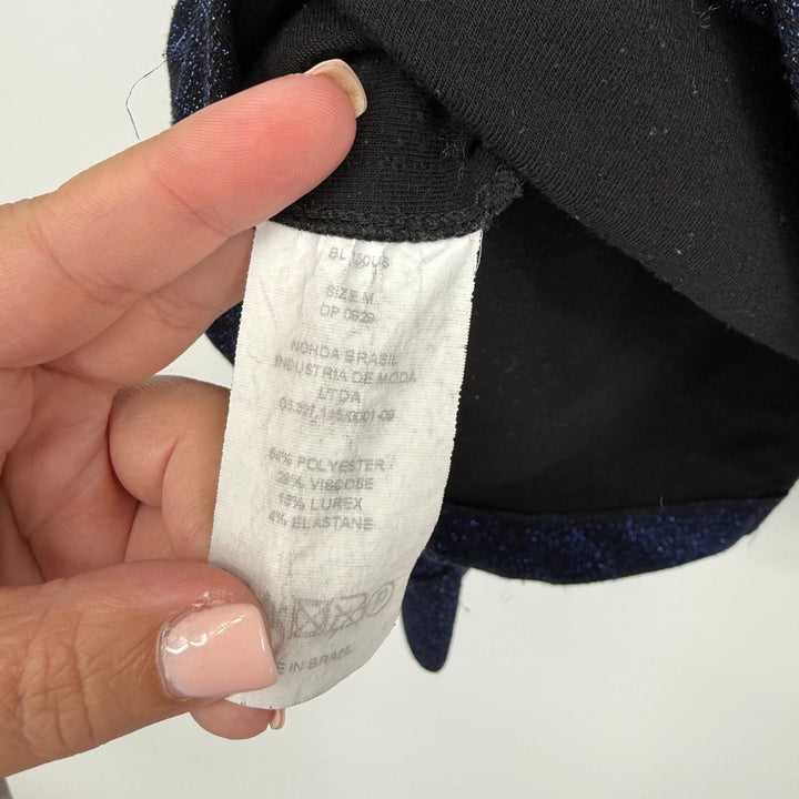 PatBo Sweater Womens Medium Blue Glitter Stretch Mock Neck Puff Sleeve Back Zip