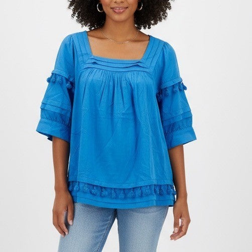 Chicos Blue Square Neck Pintuck Tassel Tunic Top Shirt Size 16