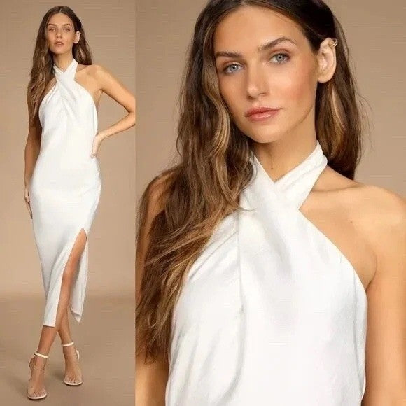 Lulus Beyond Classy White Satin Halter Midi Dress Size M