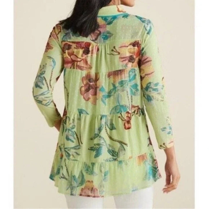 Soft Surroundings Elana Green Tropical Floral Button Tunic Top Size PL