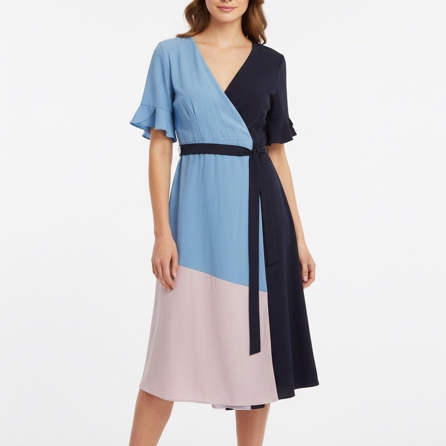 Hutch Colorblock Wrap Dress Navy Blue Light Blue Pink Flutter Sleeve Belted M