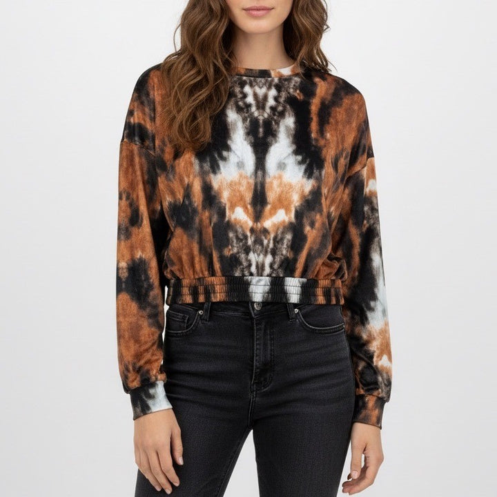 TOPSHOP Tie Dye Cropped Sweatshirt Long Sleeve Crewneck Orange Black Size 6