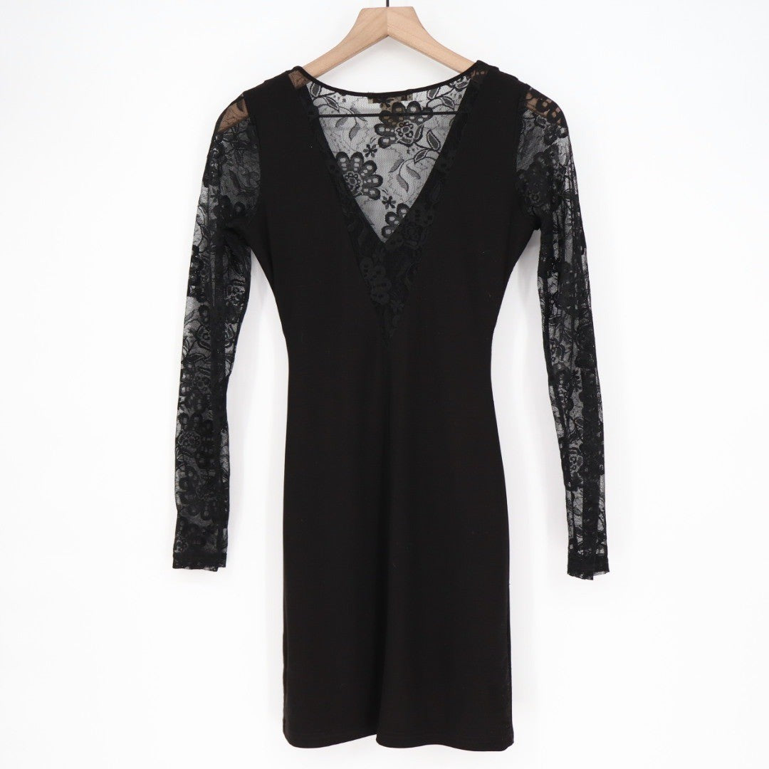 ARDEN B Black Lace Sleeve V Neck Ruched Sheath Mini Dress Size S