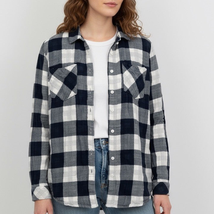 Thread & Supply Plaid Flannel Shirt Button Down Long Sleeve Navy Ivory M
