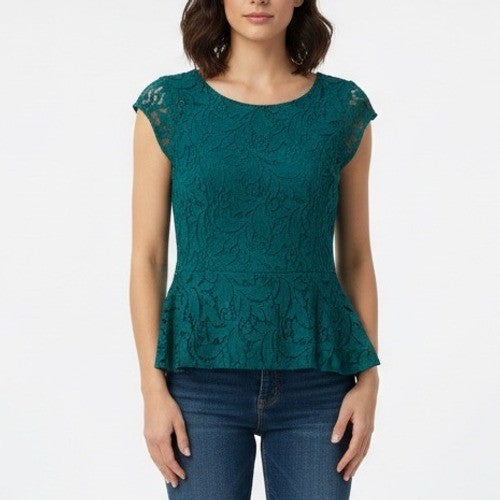 The Limited Teal Lace Peplum Cap Sleeve Top Size S