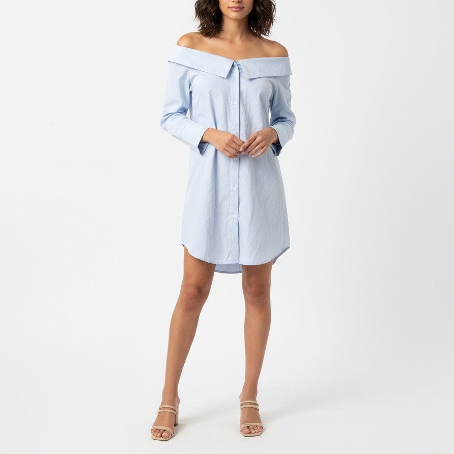 English Factory Light Blue Pinstripe Off Shoulder Button Down Shirt Dress