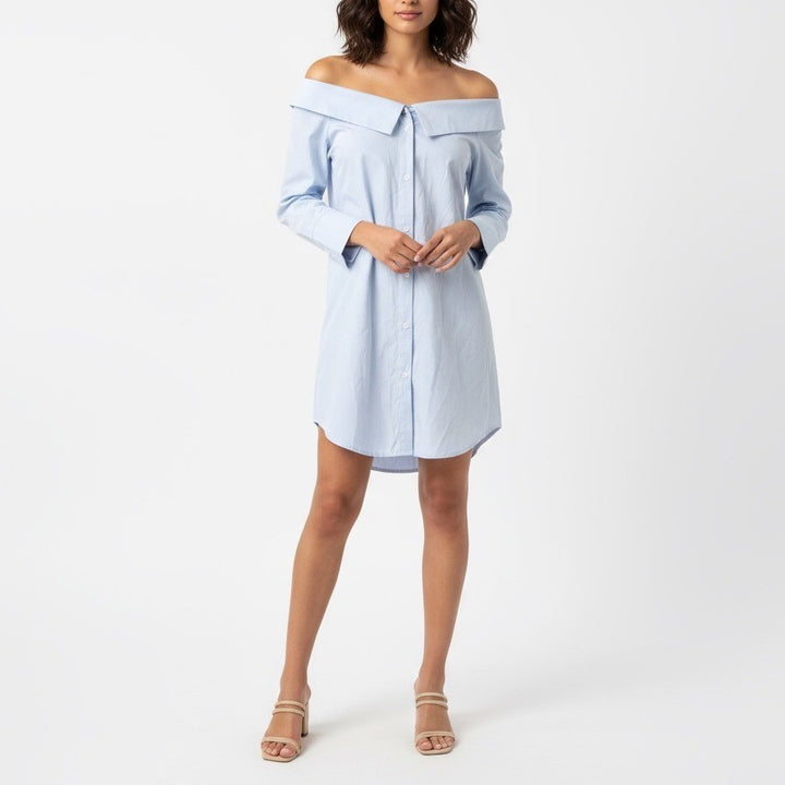 English Factory Light Blue Pinstripe Off Shoulder Button Down Shirt Dress
