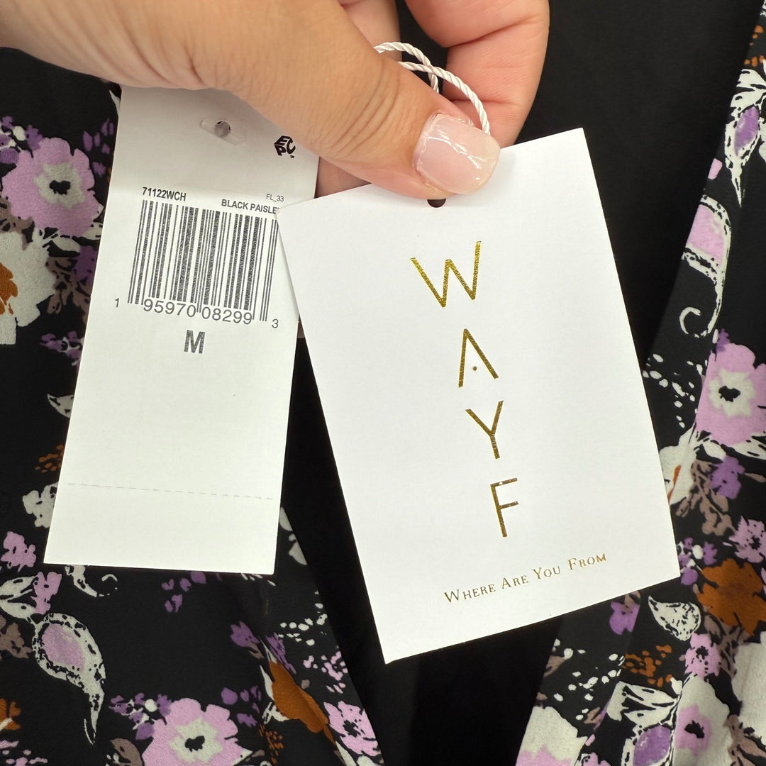 WAYF Sammie Floral Print Tie Front Blouse Long Sleeve Black Paisley Top M