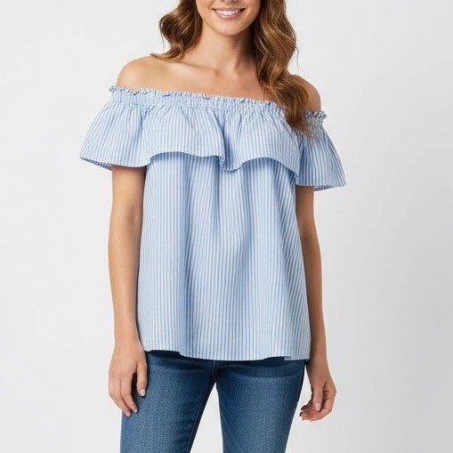 LOFT Blue White Striped Off The Shoulder Ruffle Top Size Large