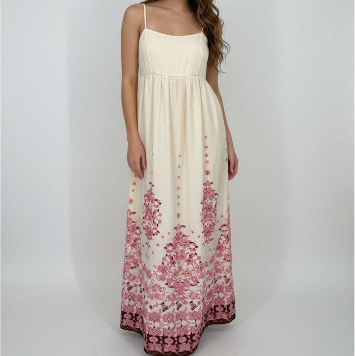 Commense Womens Maxi Dress Floral Sleeveless Casual Summer Cream Pink Size M
