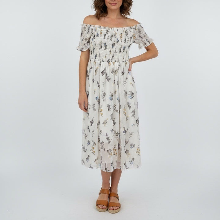 AQUA Smocked Off Shoulder Floral Midi Dress White Blue Yellow Size S