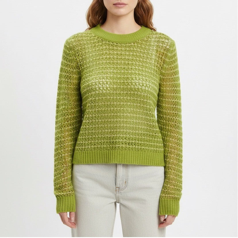 WAYF Lime Green Knit Mesh Striped Cropped Sweater XS