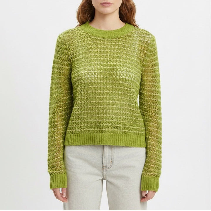 WAYF Lime Green Knit Mesh Striped Cropped Sweater XS