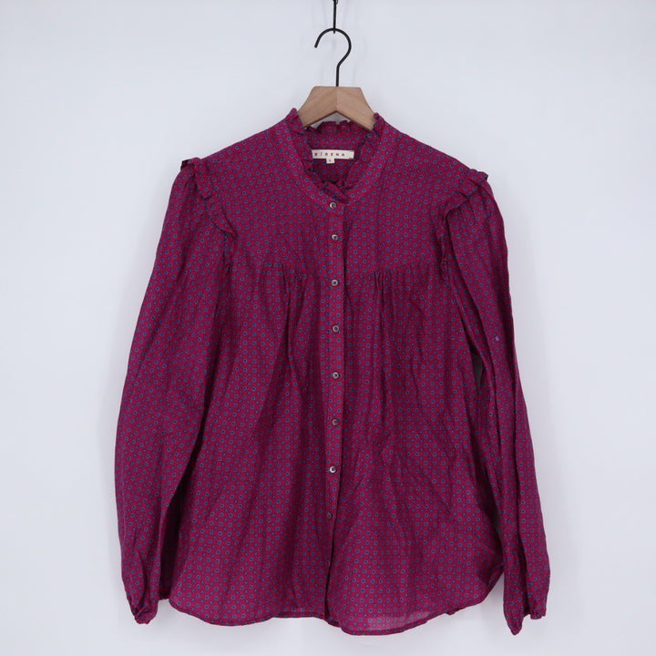 Xirena Pink Blue Geometric Ruffle Collar Button Up Shirt Top Size L