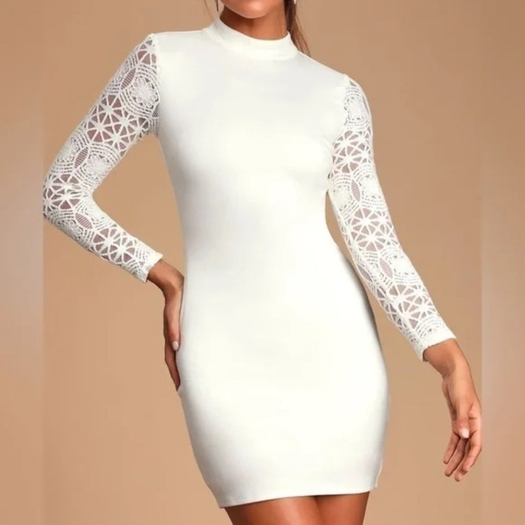 Lulus Lace Up Your Sleeve White Lace Long Sleeve Bodycon Dress Size S