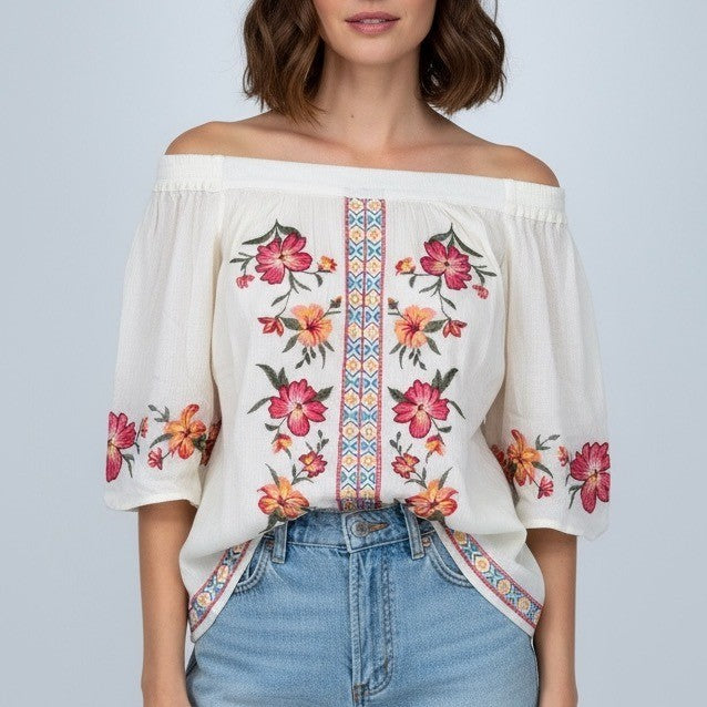 Umgee Off Shoulder Embroidered Floral Tunic Top Blouse Women's Size Medium Cream