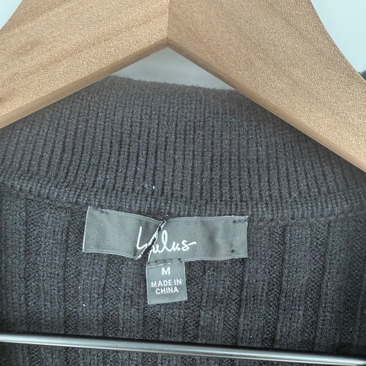 Lulus Black Ribbed Collared Button Up Cardigan Sweater Cream Trim Size M