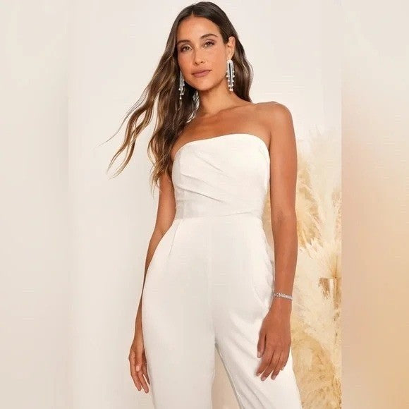 Lulus Beloved Bliss Ivory Strapless Slim Leg Bow Jumpsuit Size L