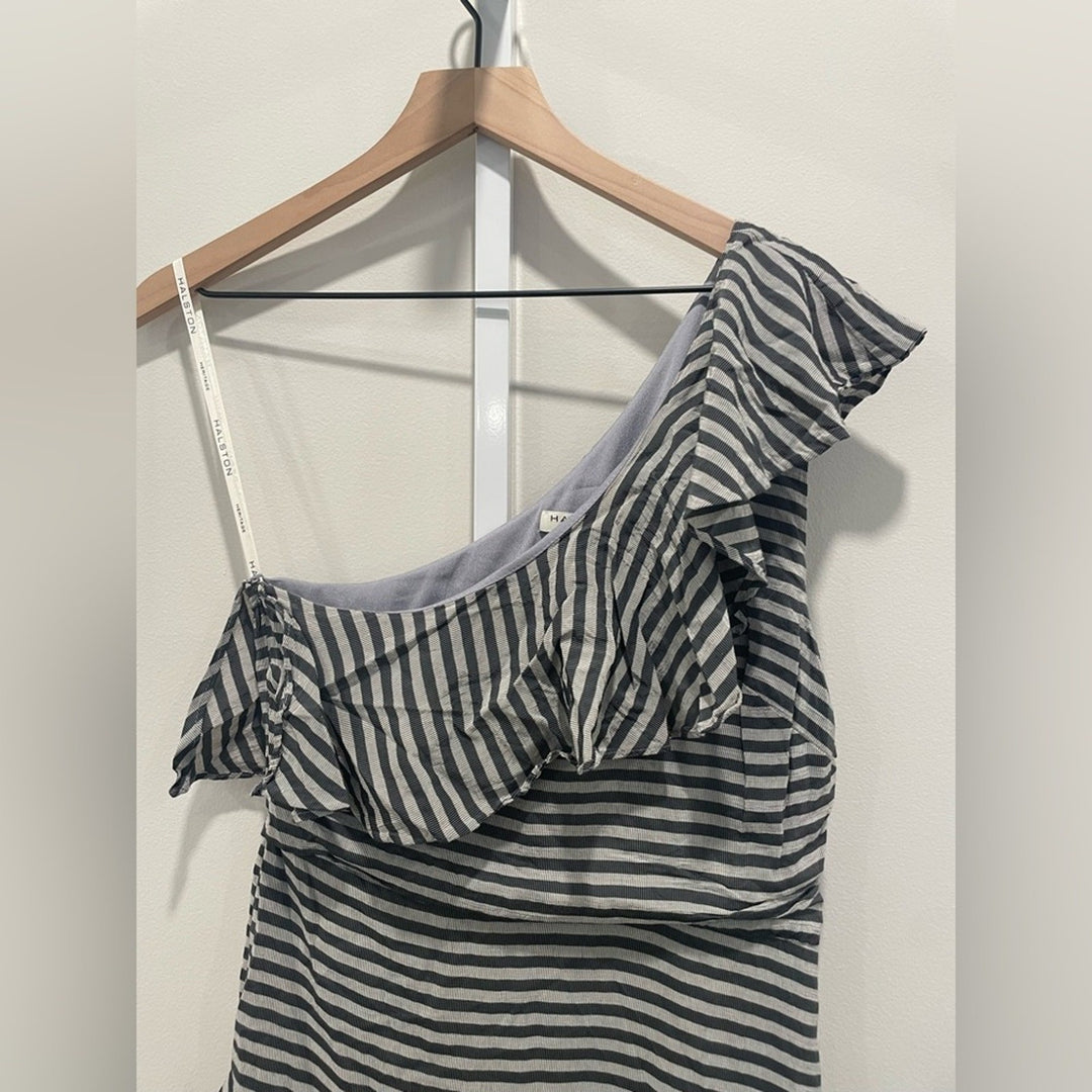 Halston Grey Stripe Ruffle Dress Size 6