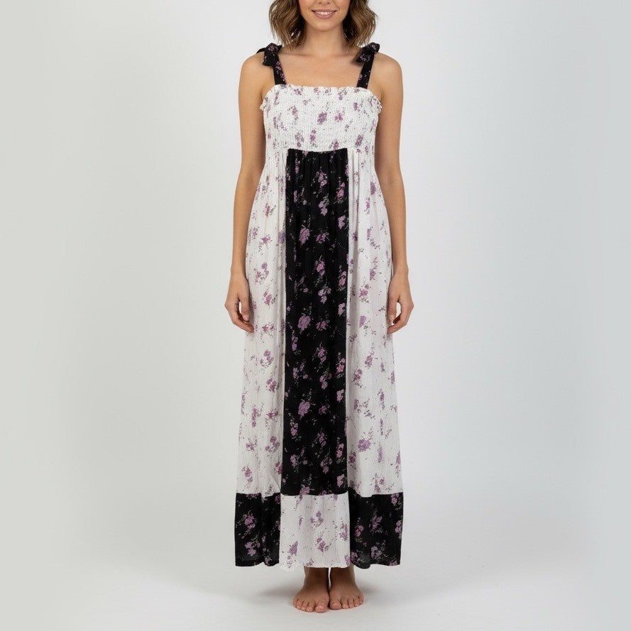 Aqua Maxi Dress Floral Print White Black Purple Smocked Bodice Tie Straps Size S