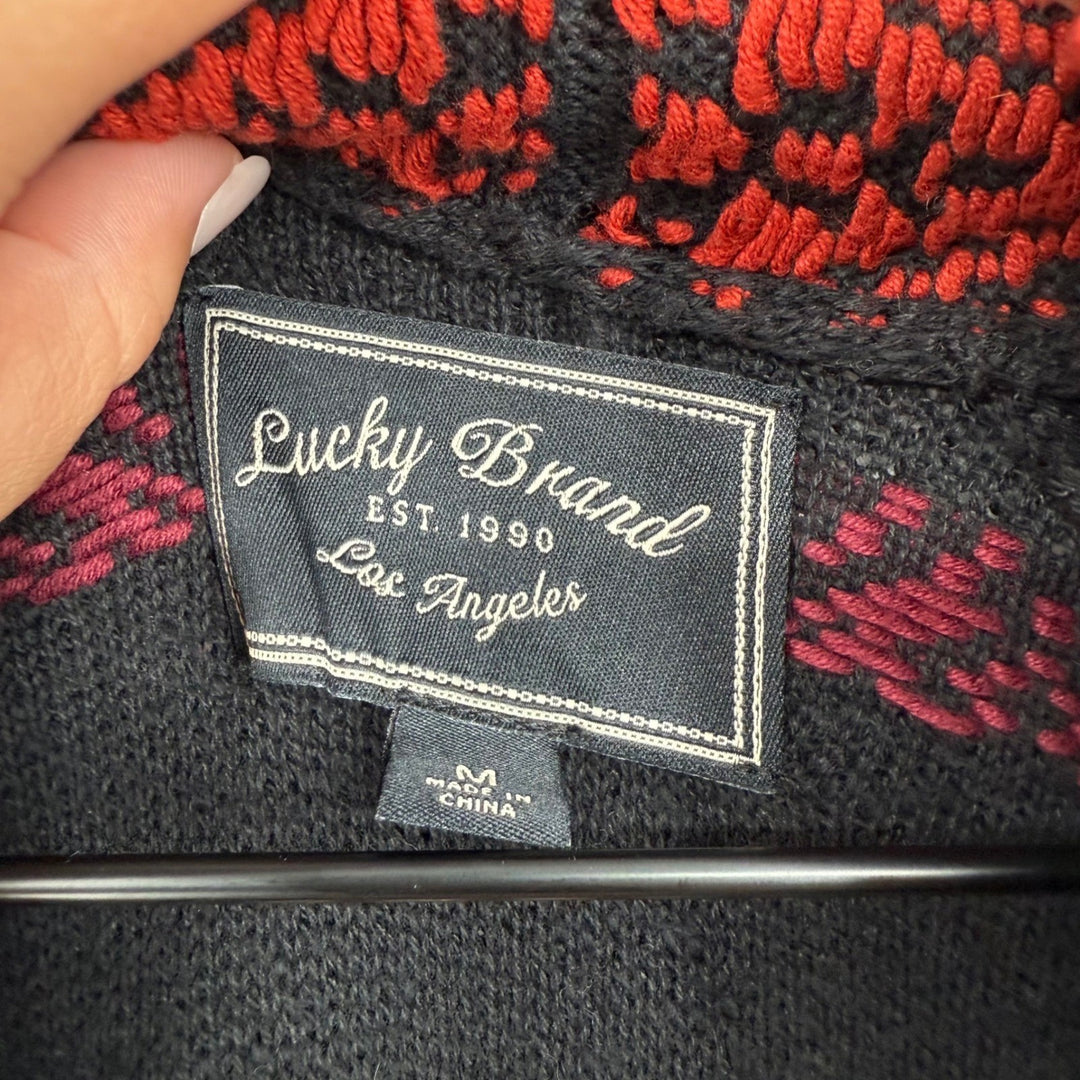 Lucky Brand Aztec Cardigan Sweater Chenille Texture Black Red Knit Boho Medium