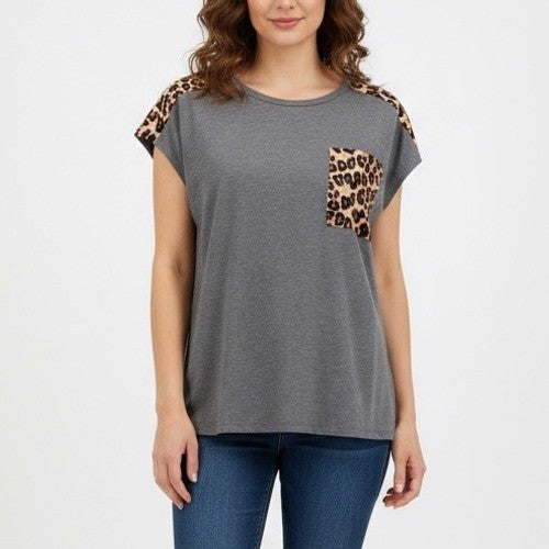 MIROL Women's Gray Leopard Pocket Cap Sleeve T-Shirt Top Size L