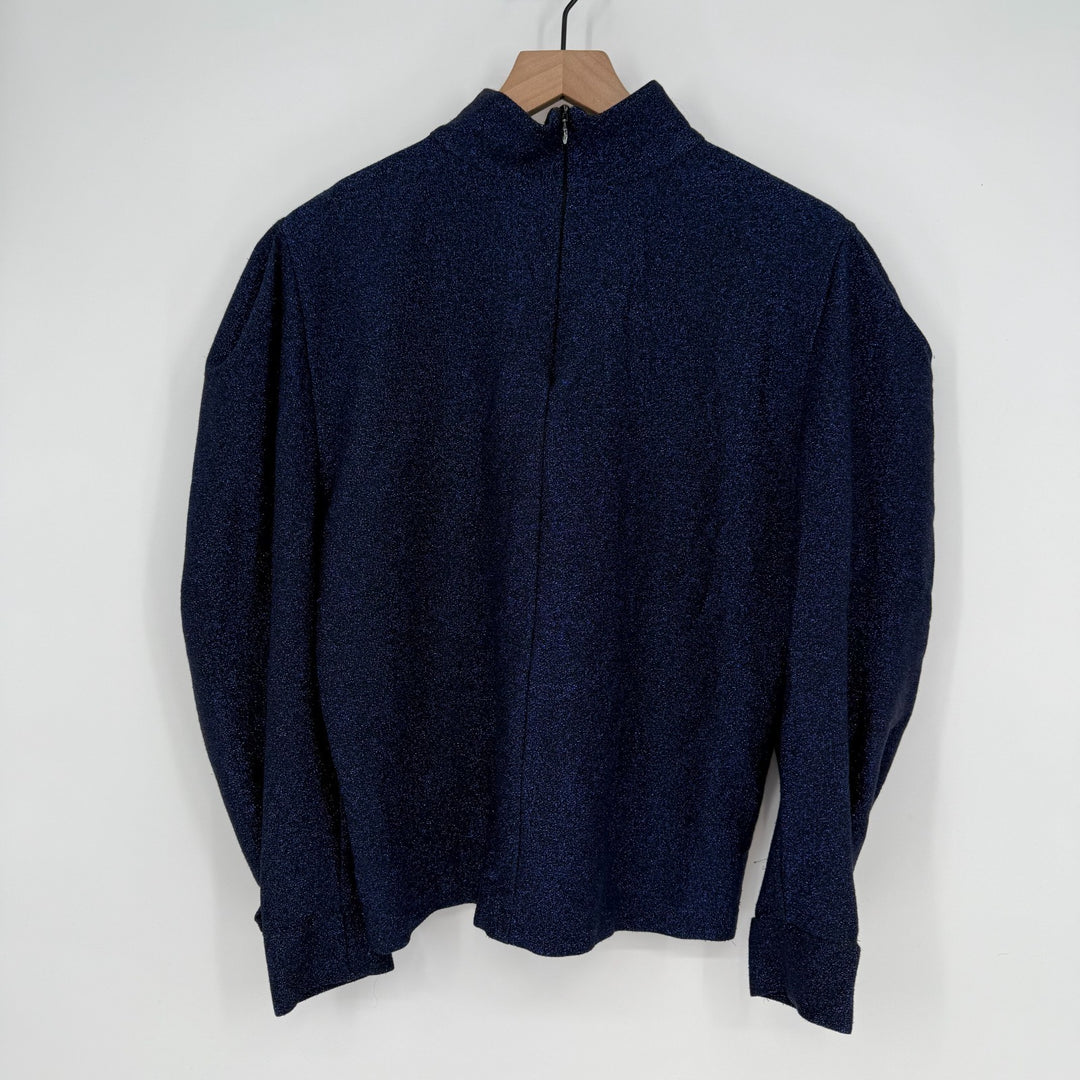 PatBo Sweater Womens Medium Blue Glitter Stretch Mock Neck Puff Sleeve Back Zip