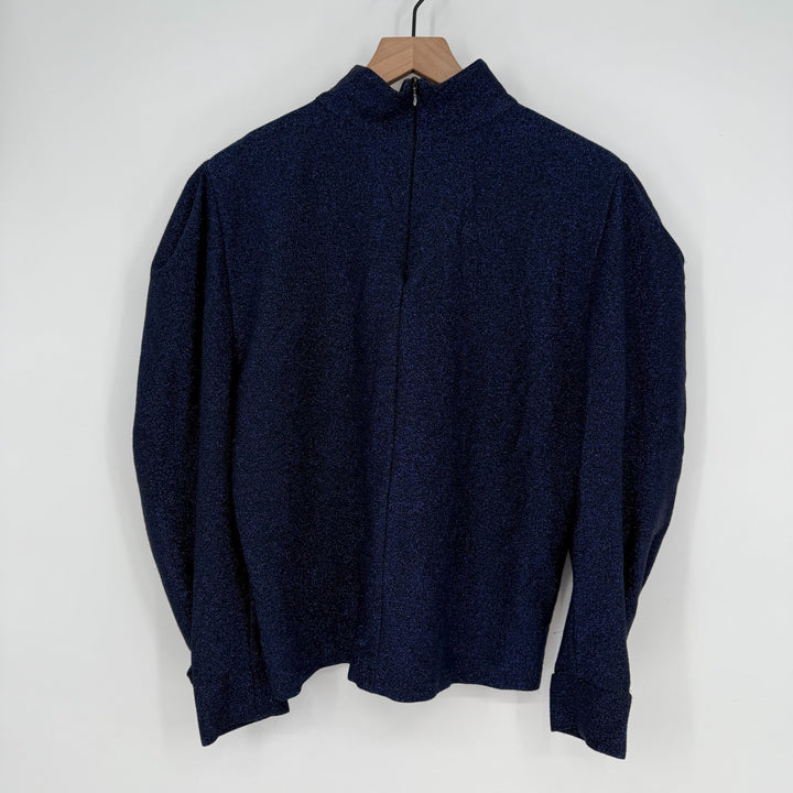 PatBo Sweater Womens Medium Blue Glitter Stretch Mock Neck Puff Sleeve Back Zip