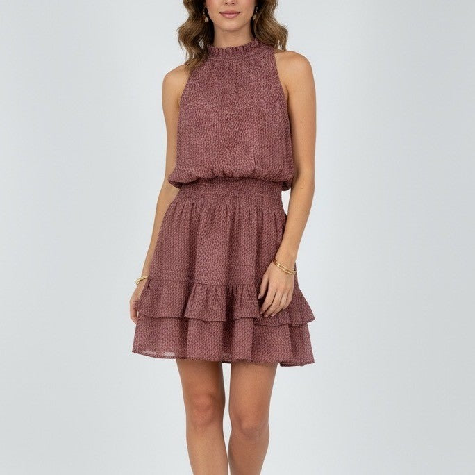 Olivia Grey Dress Animal Print Ruffle Mock Neck Sleeveless Mini Size M