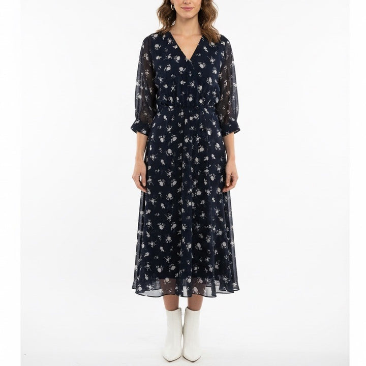 Cabi Navy Floral Print Midi Dress Size 6 V Neck Sheer Sleeve