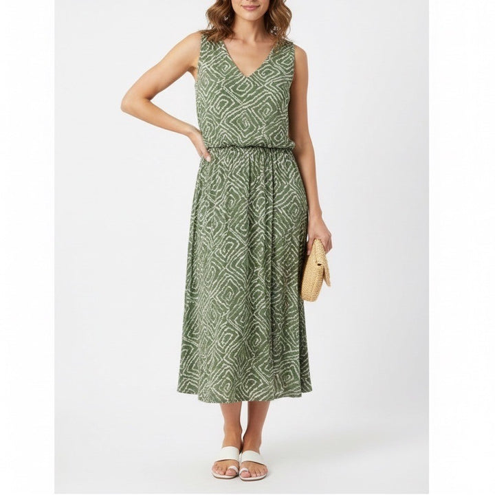 LOFT Outlet Petite Green Geo Print V Neck Sleeveless Midi Dress MP