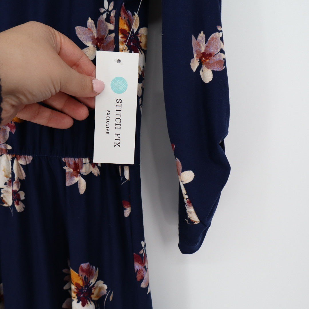 French Grey Murphy Brushed Knit Dress Navy Floral Print Size L