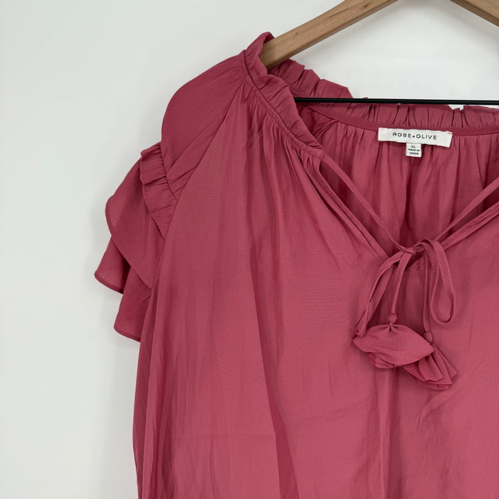 Rose Olive XL Pink Ruffle Sleeve Tie Neck Blouse Top Shirt Womens