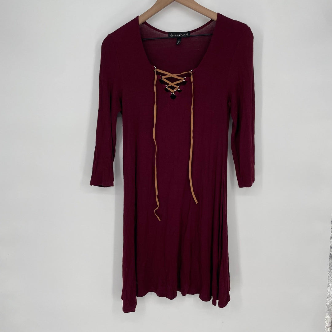 Derek Heart Burgundy Lace Up Neck 3/4 Sleeve Tunic Dress Size M