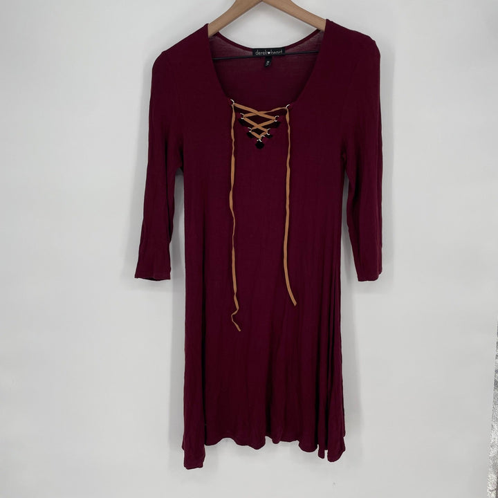 Derek Heart Burgundy Lace Up Neck 3/4 Sleeve Tunic Dress Size M
