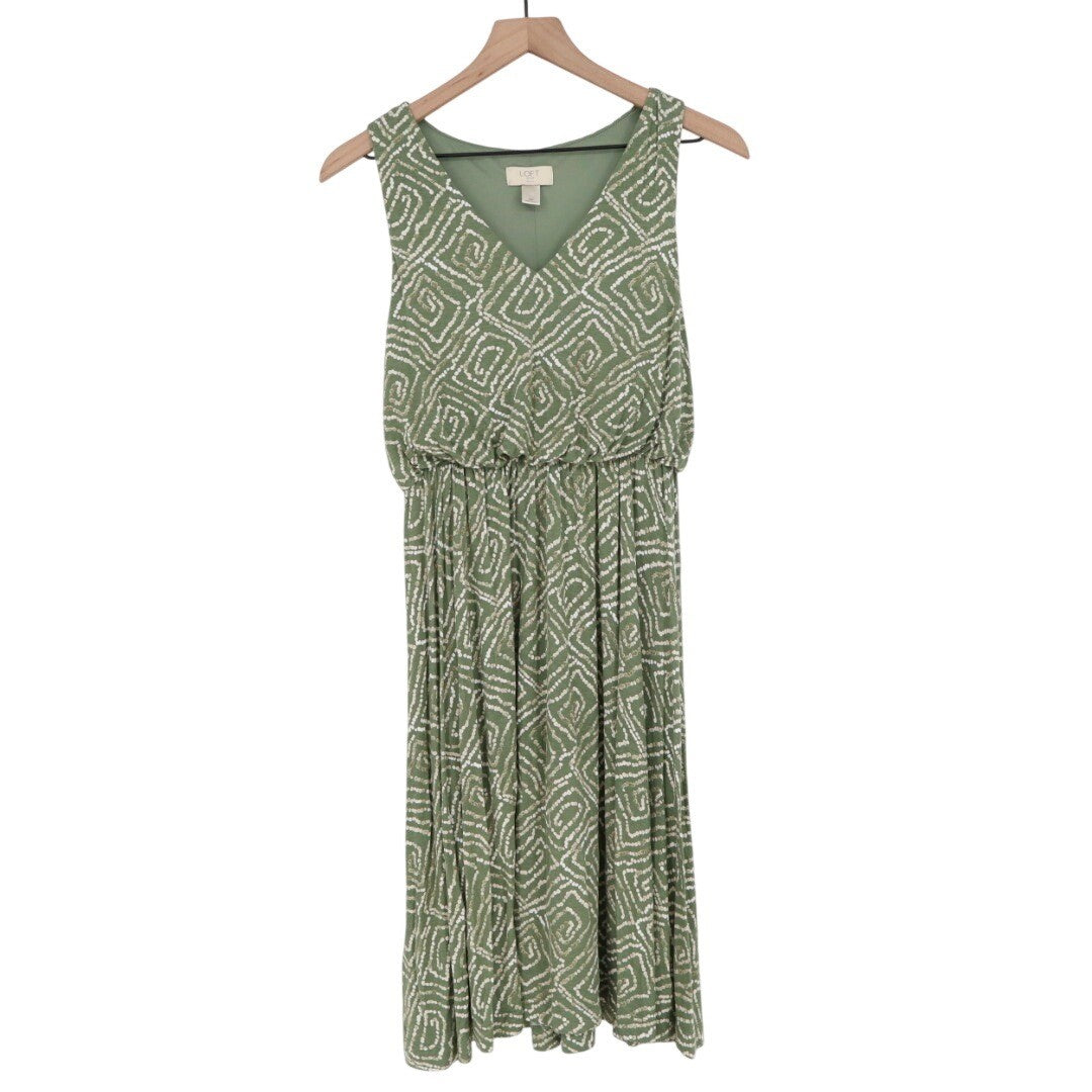 LOFT Outlet Petite Green Geo Print V Neck Sleeveless Midi Dress MP