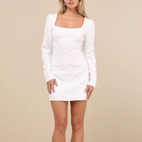 Lulus Elevated Icon White Jacquard Long Sleeve Bow Mini Dress Size M