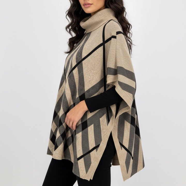 Bacciano Tan Plaid Turtleneck Poncho Cape Sweater Size M