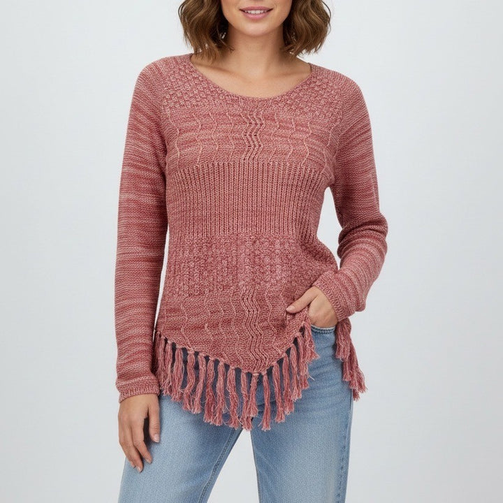 American Rag Cie Knit Sweater Fringe Red Pink Tan Marled Size S