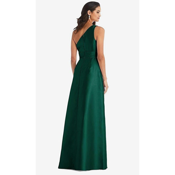 Alfred Sung Draped One-Shoulder Satin Maxi Dress With Pockets Size 6