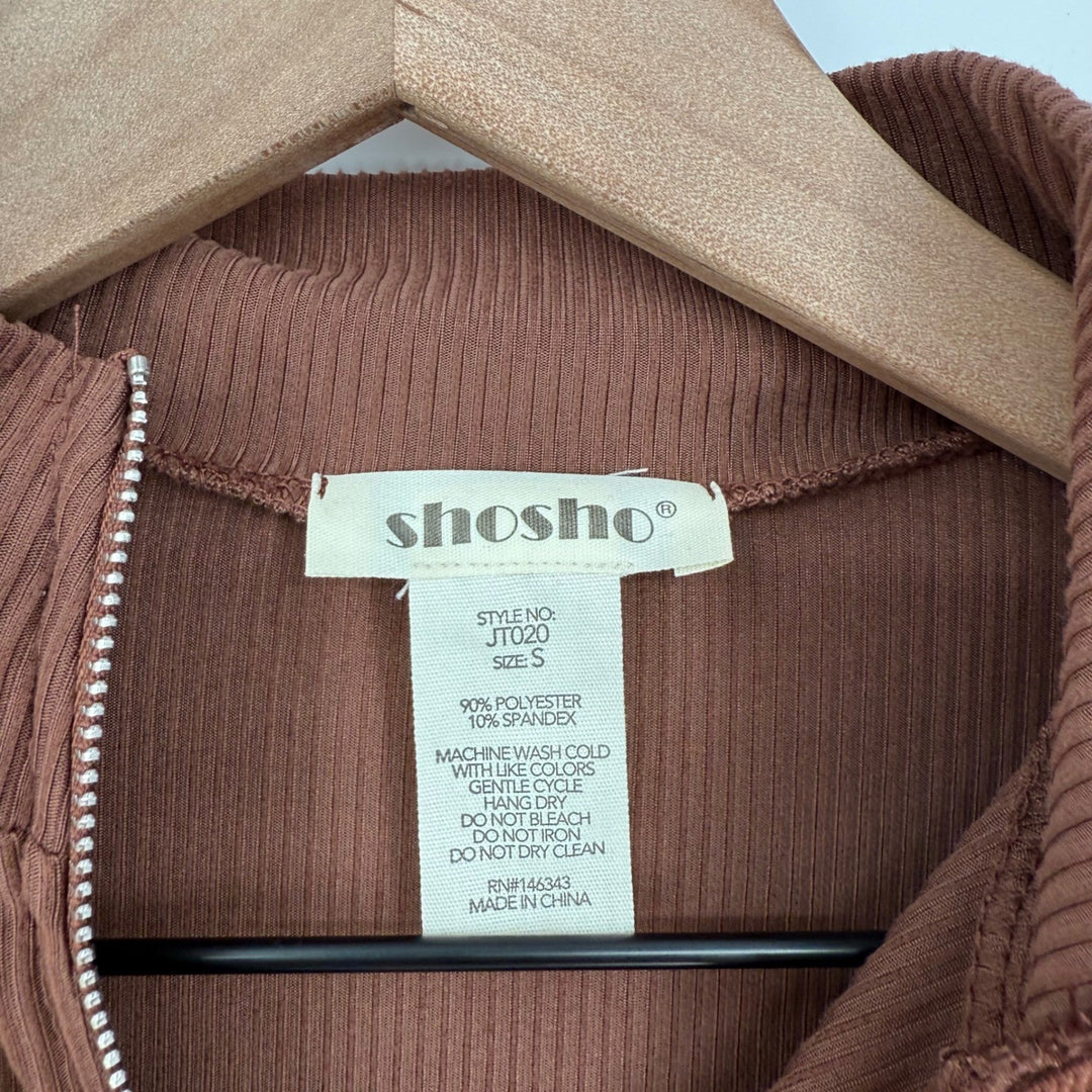 Shosho Brown Ribbed Zip Up Mock Neck Long Sleeve Crop Top Size S